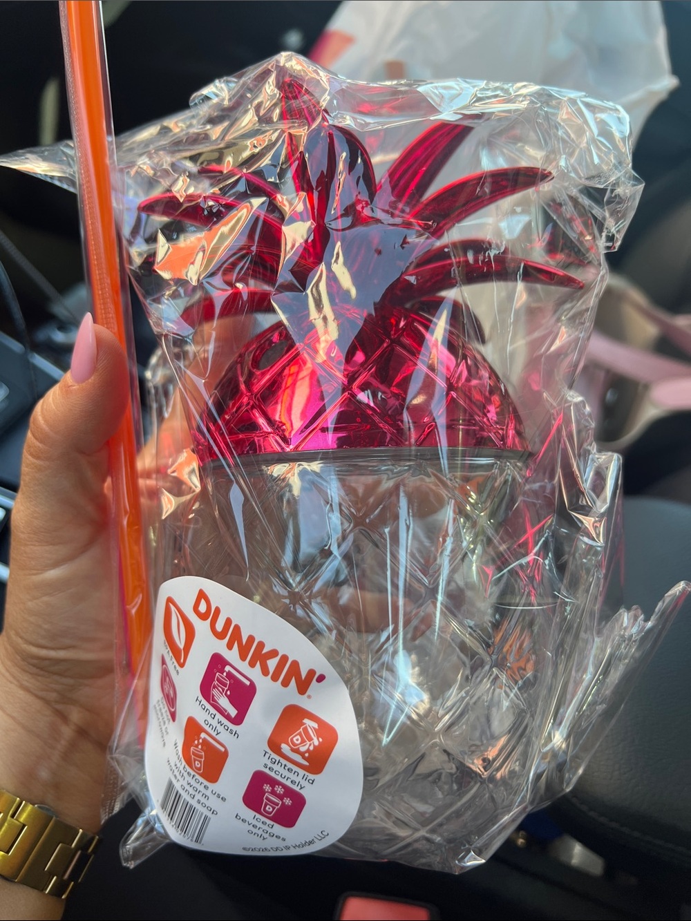 NEW! LIMITED EDITION Dunkin Donuts Pineapple Pink Metallic Cup and Straw